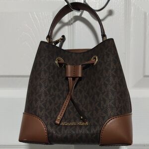 Michael Kors Monogram Mini Bucket Bag in Brown and Tan
